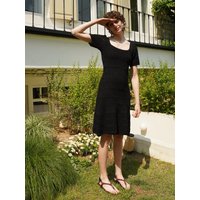 Square-neck Punching Long Knit Dress [Black]