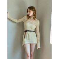 V-NECK LACE KNIT DRESS [BEIGE]