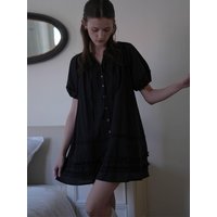 Shirring Ruffled Mini Dress [Black]