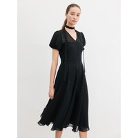 MICHAEL See-through V-neck Ribbon Tie Chiffon Long Dress [Light beigeBlack]