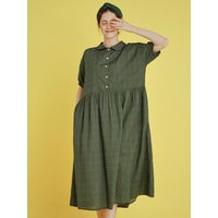 Puff Sleeve Quarter Length Dot Pattern Dress [Green] OGN