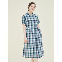 Quarter Sleeve Shirt Check Pattern Dress Blue CBL