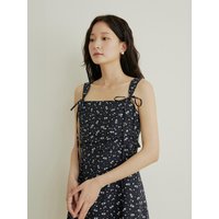 Flower Pattern Shirring Mini Dress [Navy]