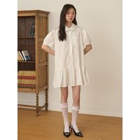 Round-Collar Puff Sleeve Mini Shirts Dress [White]