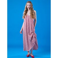 Cooling V-neck Preppy Summer Maxi Check Sleeveless Dress [RED]