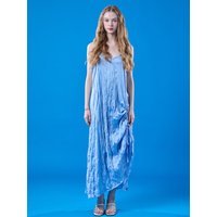 Layered Cooling Chiffon Mamon Shirring Strap Long Dress [BLUE]