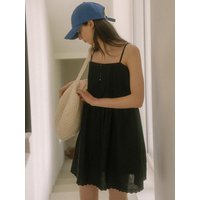 Button Shirring Sleeveless Midi Dress TISUOP [Black]