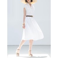 Open Collar Gold Button Pointed Dress [WHITE]