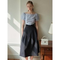 ANNA Boat Neck Block Layered Voluminous Long Dress [Blue&Deep NavyCream&Beige]