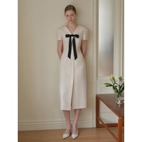 BRIA Sailor Collar Ribbon Tie H-line Long Dress CreamNavy