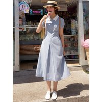 Palm Color-block Collar Long Dress [Blue checkNavy check]