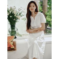 Harbor Lace Detail Open Collar Long Dress [Ivory]