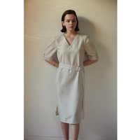 Dress V Neck Side Slit Beige