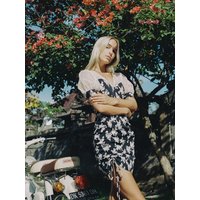 Shirred Floral Print Lace Dress