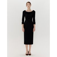 Boat Neck Belted H Line Dress Black