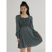 KACK Heart Neck Floral Pattern Dress Black