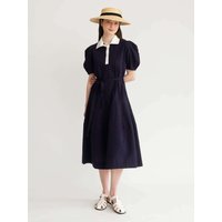 Pointed Collar Cotton Seersucker Long Dress [Navy]