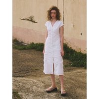 Snap Detail Shirring Dress, White