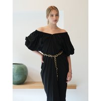 Shirring Drape Midi Dress Black
