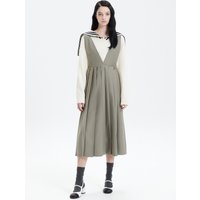 V-Neck Pleats Wrap Dress Beige