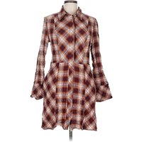Peruvian Connection Casual Dress - Shirtdress: Brown Plaid Pattern Dresses - Used - Size