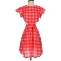 Maia Bergman Casual Dress - Popover: Red CheckeredGingham Pattern Dresses - Used