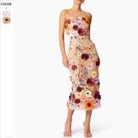 Women's Clothing Sexy Sleeveless Colorful Three Dimensional Flower Embroidery Slim Hip Wrapped Tube Dress Midi Skirt