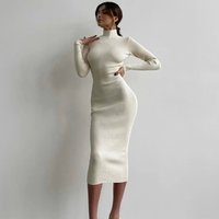 Women's high neck mid-length pit strip knitted skirt solid color wool woven sheath sexy dress