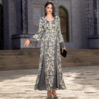 Women's Clothing V Neck Satin Jacquard Muslin Dress Handmade Beaded Elegant Long Sleeve Dress
