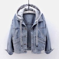 Women's Clothing Southeast Asia foreign trade new Korean style hooded denim jacket women's short fashion large pocket jacket casual top
