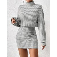 ​​"Women's Ribbed High Neck Long Sleeve Dress - Slim Fit Bodycon Midi Dress For Autumn & Winter"​​