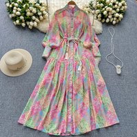 Women's Spring and autumn thin long-sleeved stand-up collar high-end printed chiffon dress loose lace-up waist vacation long skirt