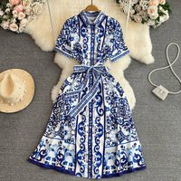 Women's retro palace style short-sleeved lapel waist slimming single-breasted celadon printed A-line shirt dress
