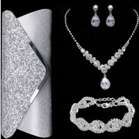 High end bridal jewelry set, cocktail party elegant necklace, earrings and bracelet four piece set, evening dress, dinner bag and clutch bag