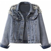 Women's Embroidered Denim Jacket With Beads & Pearls Oversized Casual Coat, Comfortable & Stylish, S- BlackBlue