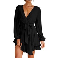 Women's Clothing Deep V Neck Long Sleeve Dress Waist Tie Pleated Mini Skirt Skater Dress