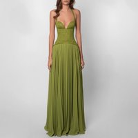 Europe, America New Women's Clothing Sexy Neck Halter Low Neck Pleated Suspender Dress