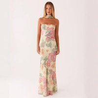 Luxury Satin Cocktail Backless Tube Dress - Digital Floral Print Strapless Evening Gown