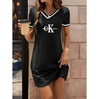 ​​Women's V-Neck Letter Print Dress - Trendy Casual Dress For Everyday Style​​