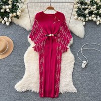 Women's Clothing Fashionable Pleated Slim Fit Batwing Sleeve Long Dress Elegant Floral Pleated Wrap Dress Batwing Sleeve & V-Neck Retro Maxi Dress​