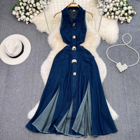 Women's Retro lapel hollow waist exposed waist slimming sleeveless single-breasted A-line slit denim dress casual long skirt