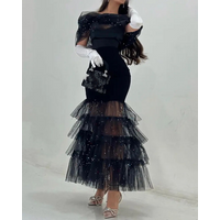 New style hip-covering mid-waist waist black artistic mesh sequin temperament commuter long skirt dress