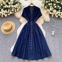 Women's Clothing High End Dress Summer High End Deep V Neck Waist Button Down Slim Fit Pleated Casual Denim Skirt