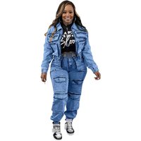 Women's Stretch Denim Two-Piece Set High-Waisted Utility Pants & Cropped Jacket Polyester Blend, S-X For Street Style & Office Wear​