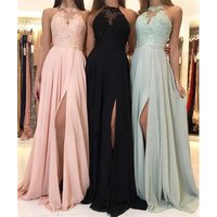 Women's Clothing Halter Lace Chiffon Dress Prom Evening Dress Slit Long Dress New
