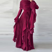Elegant Asymmetrical Ruffle Maxi Dress Red & Deep Brown Flowy Evening Gown For Women -XX