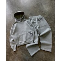 ​​Custom Printed Hoodie & Sweatpants Set Retro Streetwear Jogger Suit GrayBlack, S-​​