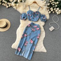 Rose print Off the shoulder halter vest outside wear denim jeans skirts set high waist slit skirt two piece set