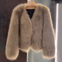 Trendy Women’s Faux Fox Fur Coat, V-Neck Elegant Blouse, Winter Casual & Office Wear In Milk Tea, Cocoa & Black