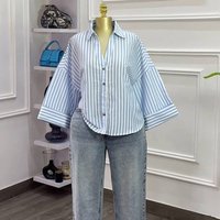 Women’s Fashion Striped Shirt Oversized Lapel Design Short Sleeve Blouse For Summer